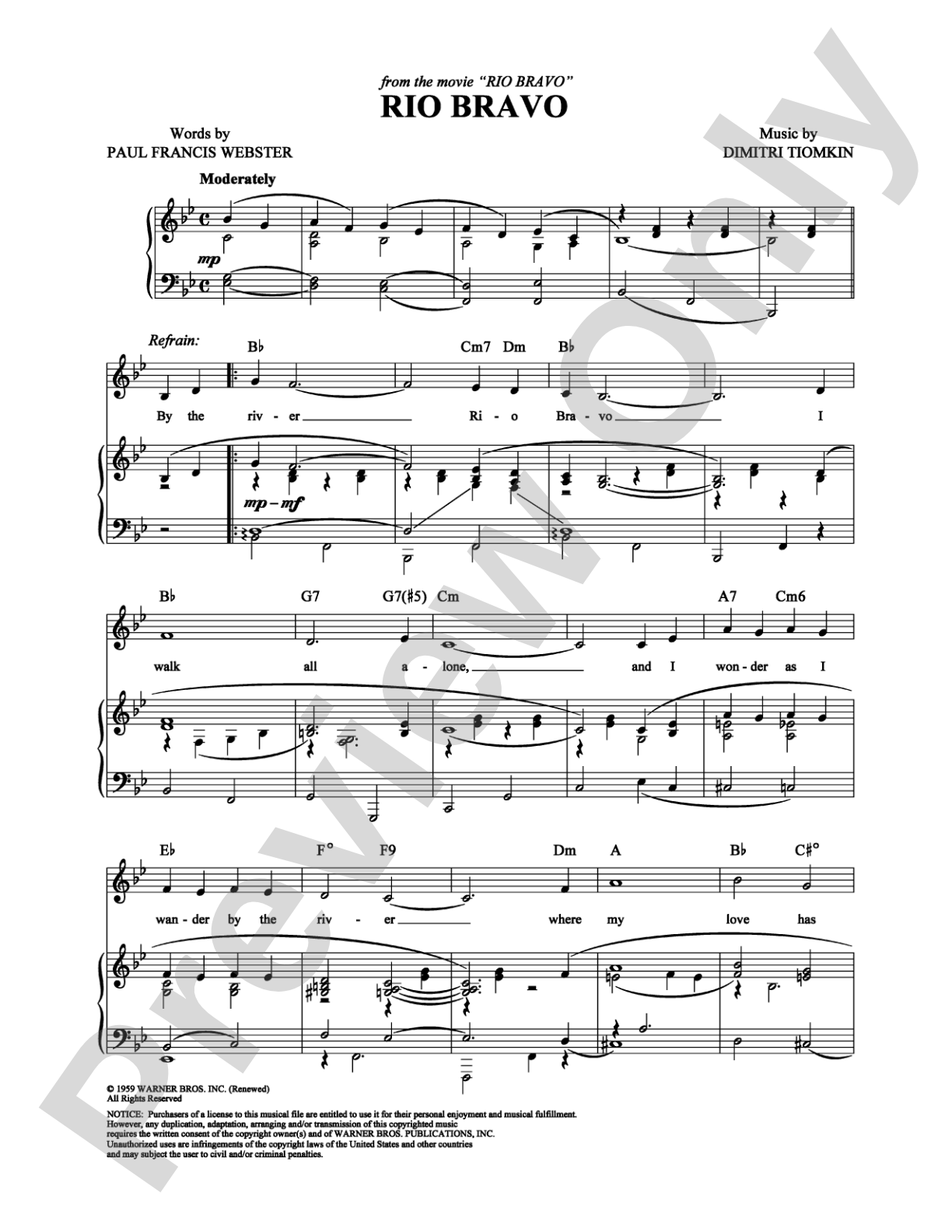 Rio Bravo: Piano/Vocal/Chords Digital Sheet Music