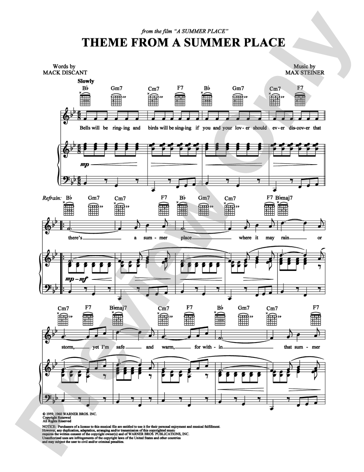Theme from A Summer Place: Piano/Vocal/Chords Digital Sheet Music