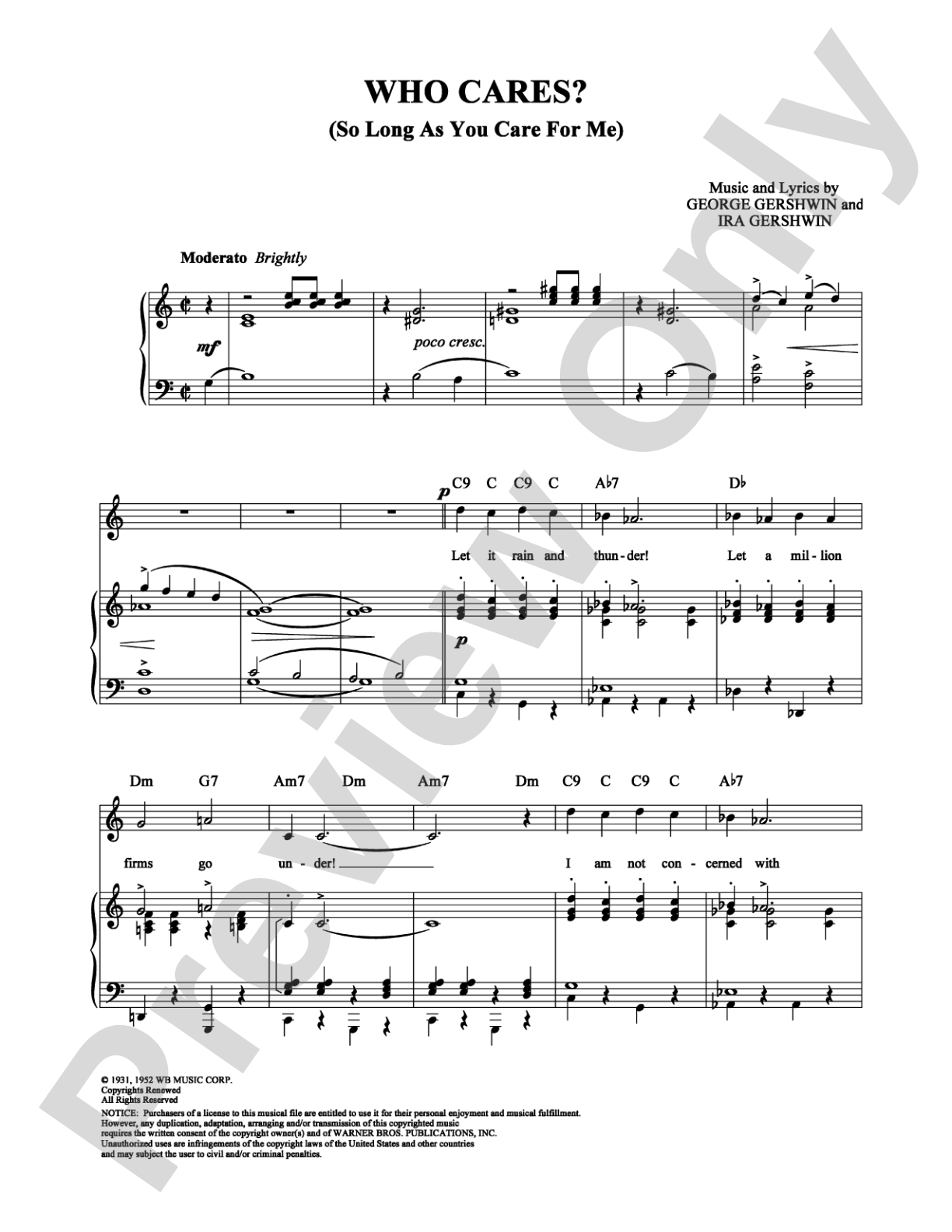 Who Cares? (So Long As You Care for Me): Piano/Vocal/Chords Digital Sheet Music