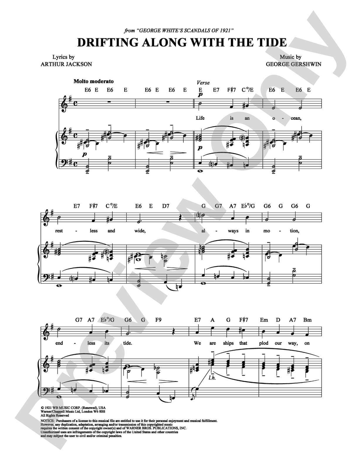 Drifting Along With the Tide: Piano/Vocal/Chords Digital Sheet Music