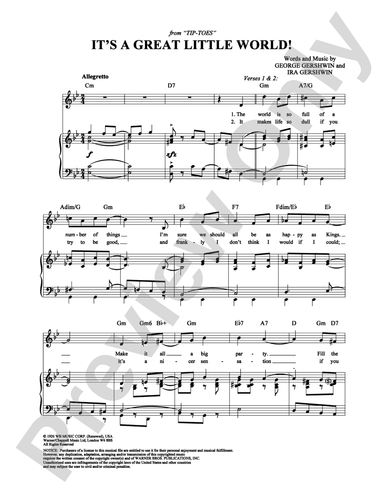 It's a Great Little World!: Piano/Vocal/Chords Digital Sheet Music