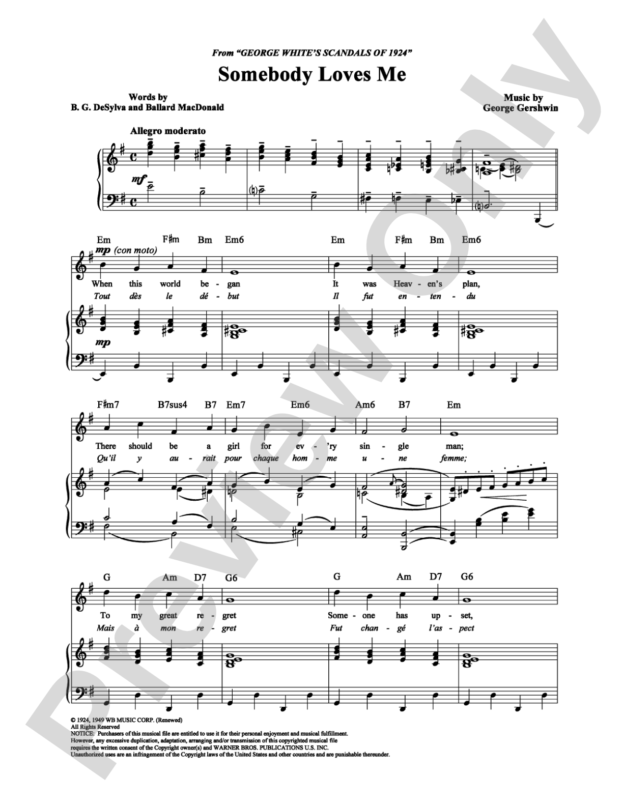 Somebody Loves Me: Piano/Vocal/Chords Digital Sheet Music