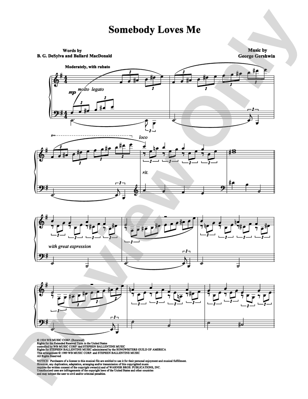 Somebody Loves Me: Piano Digital Sheet Music
