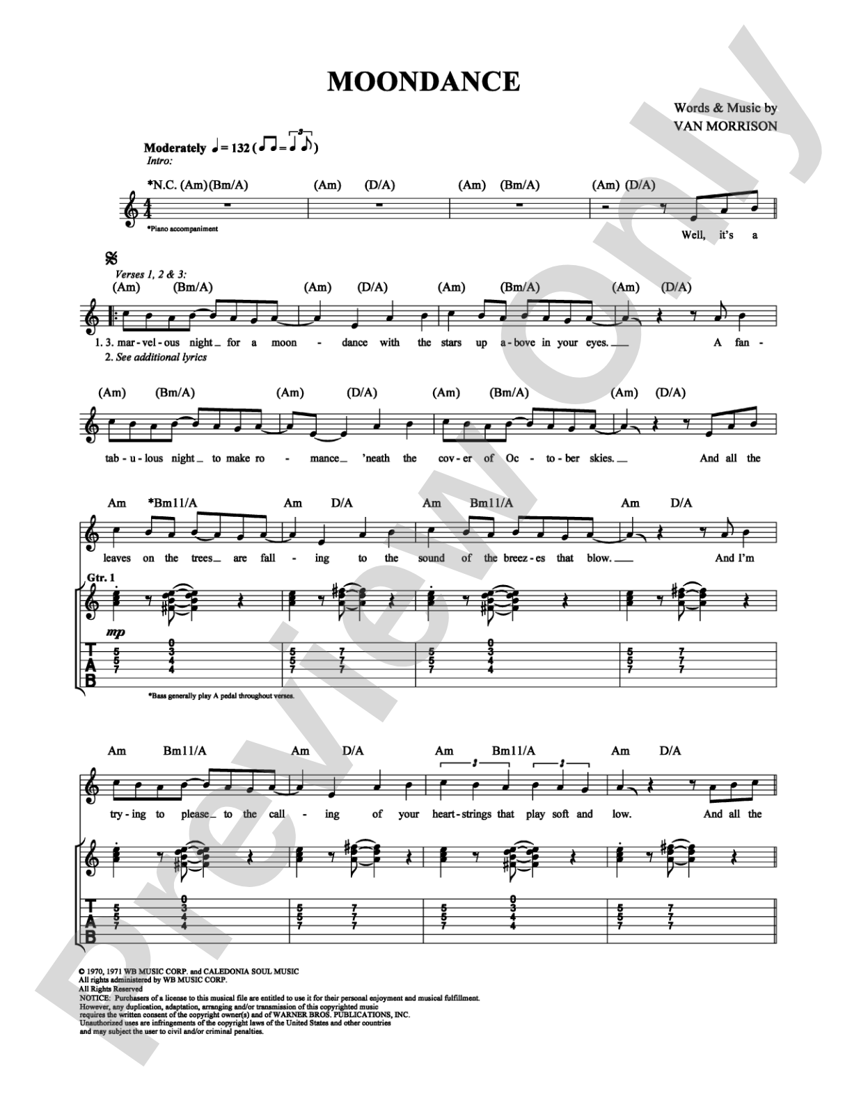 Moondance: Guitar TAB Digital Sheet Music
