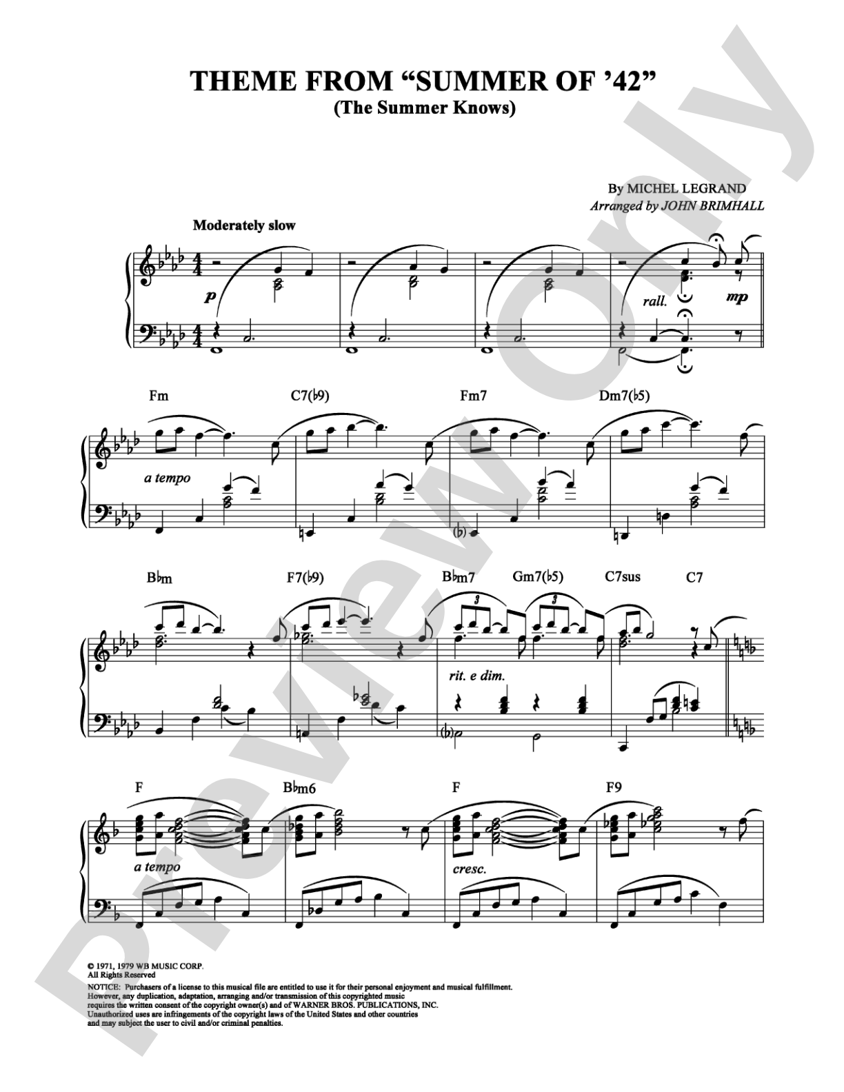The Summer Knows: Piano Digital Sheet Music