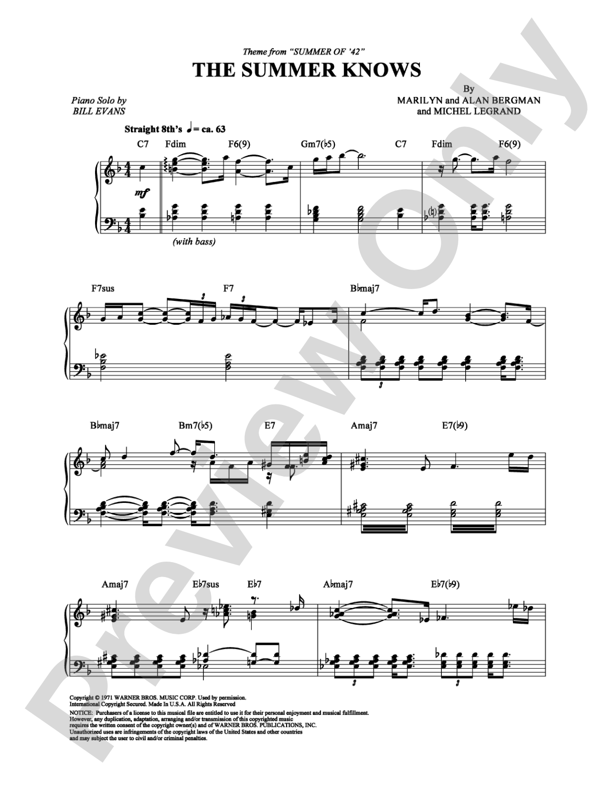 The Summer Knows (Theme From "Summer of '42"): Piano Digital Sheet Music