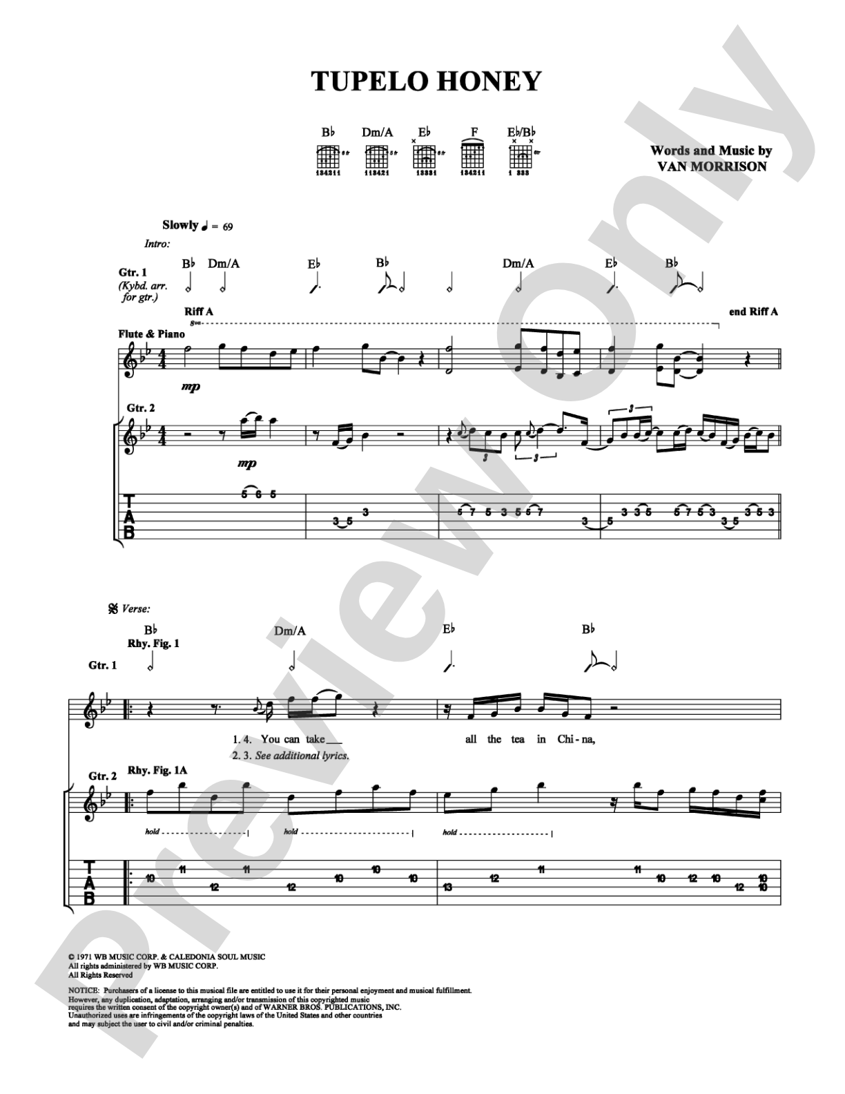 Tupelo Honey: Guitar TAB Digital Sheet Music