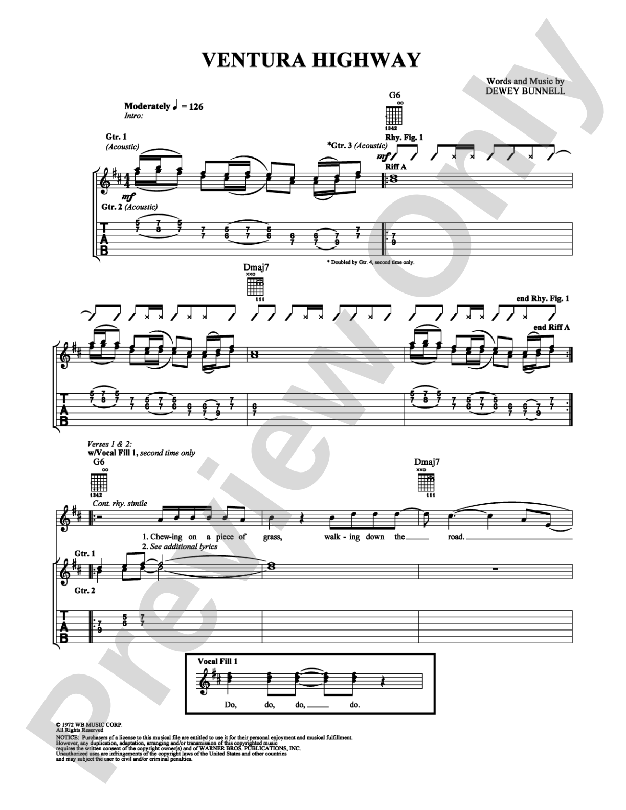 Ventura Highway: Authentic Guitar TAB