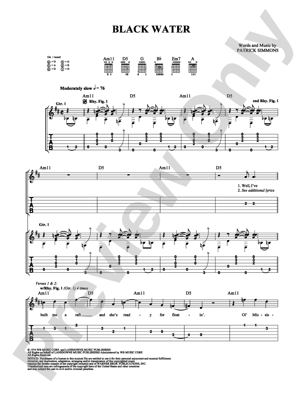 Black Water: Easy Guitar Digital Sheet Music