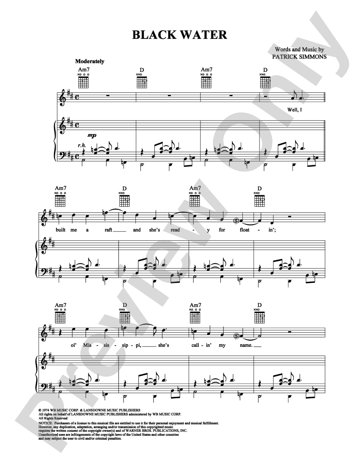 Black Water: Piano/Vocal/Chords Digital Sheet Music