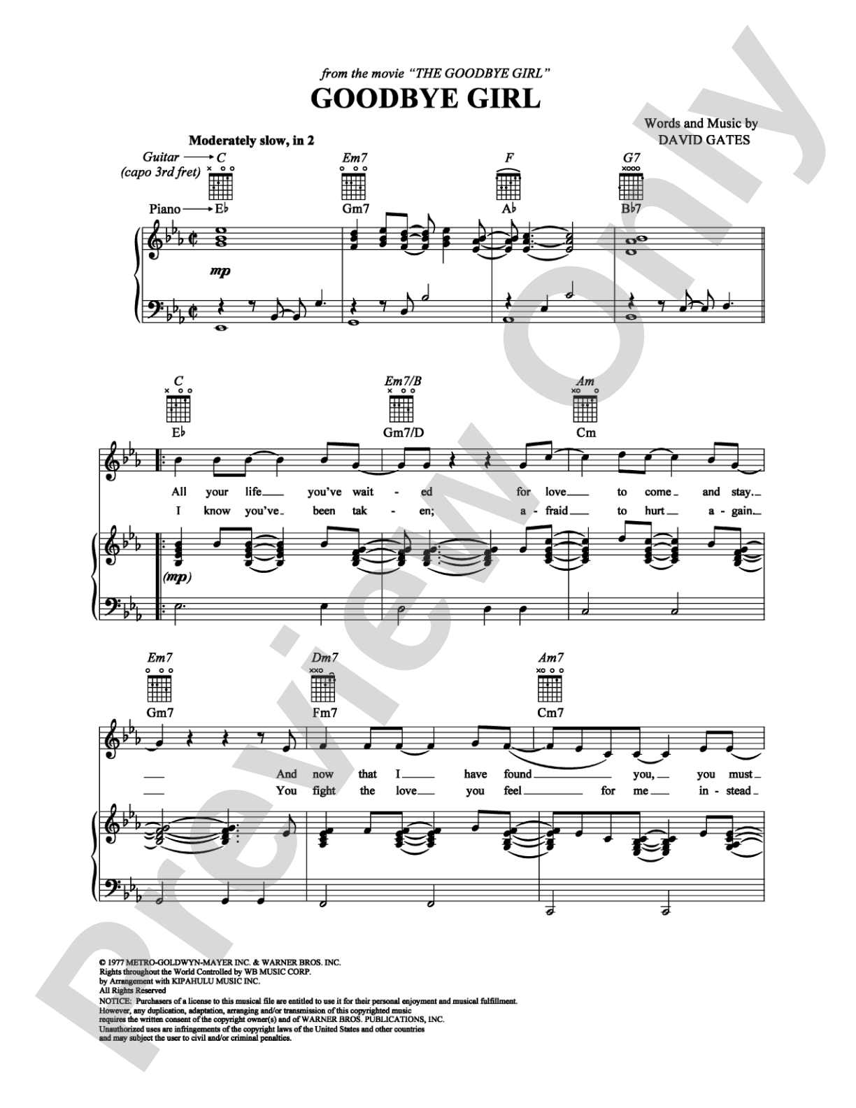 Goodbye Girl: Piano/Vocal/Chords Digital Sheet Music