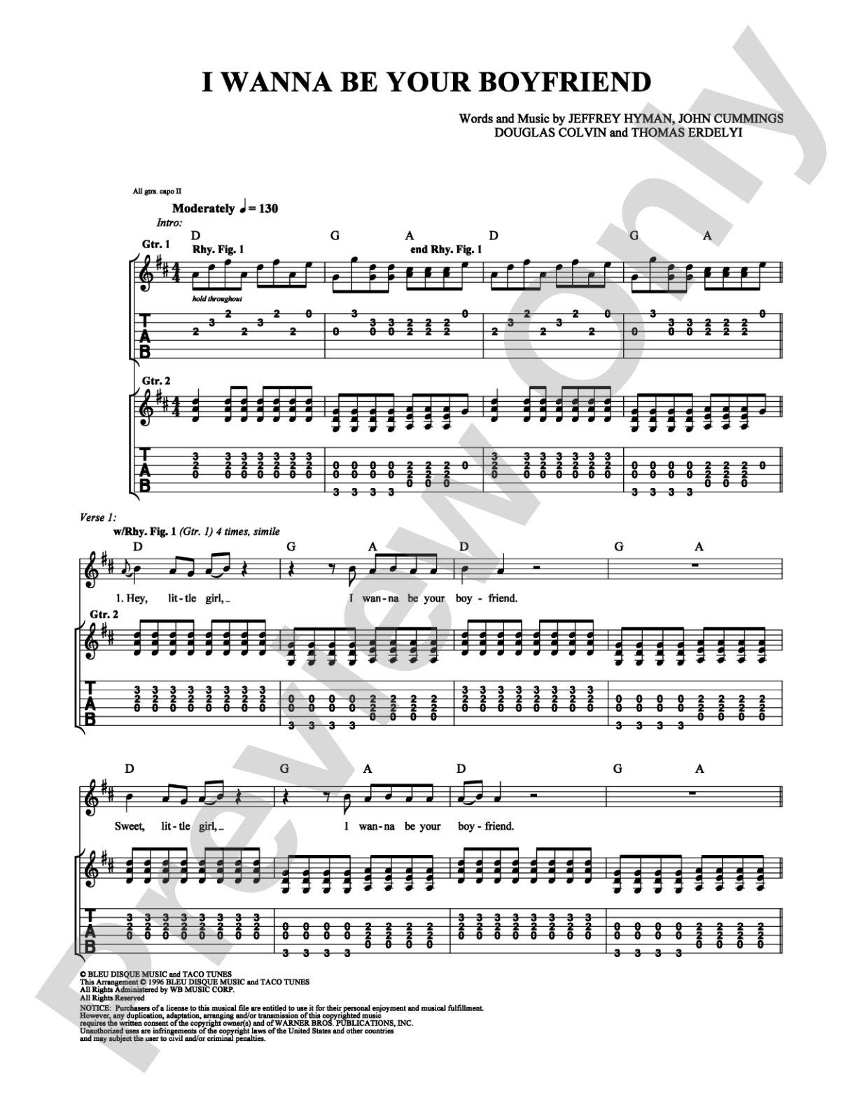 I Wanna Be Your Boyfriend: Guitar TAB Digital Sheet Music