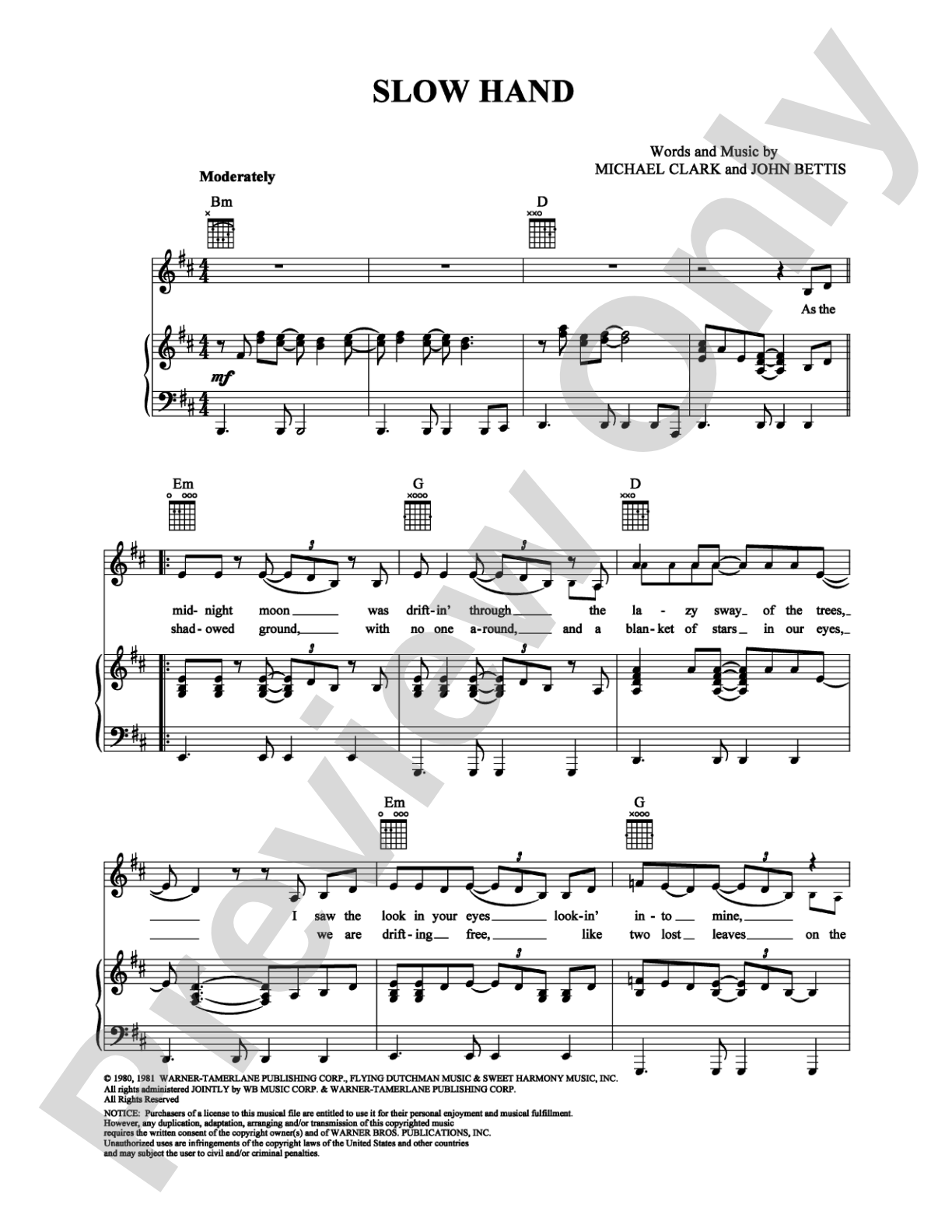 Slow Hand: Piano/Vocal/Chords Digital Sheet Music