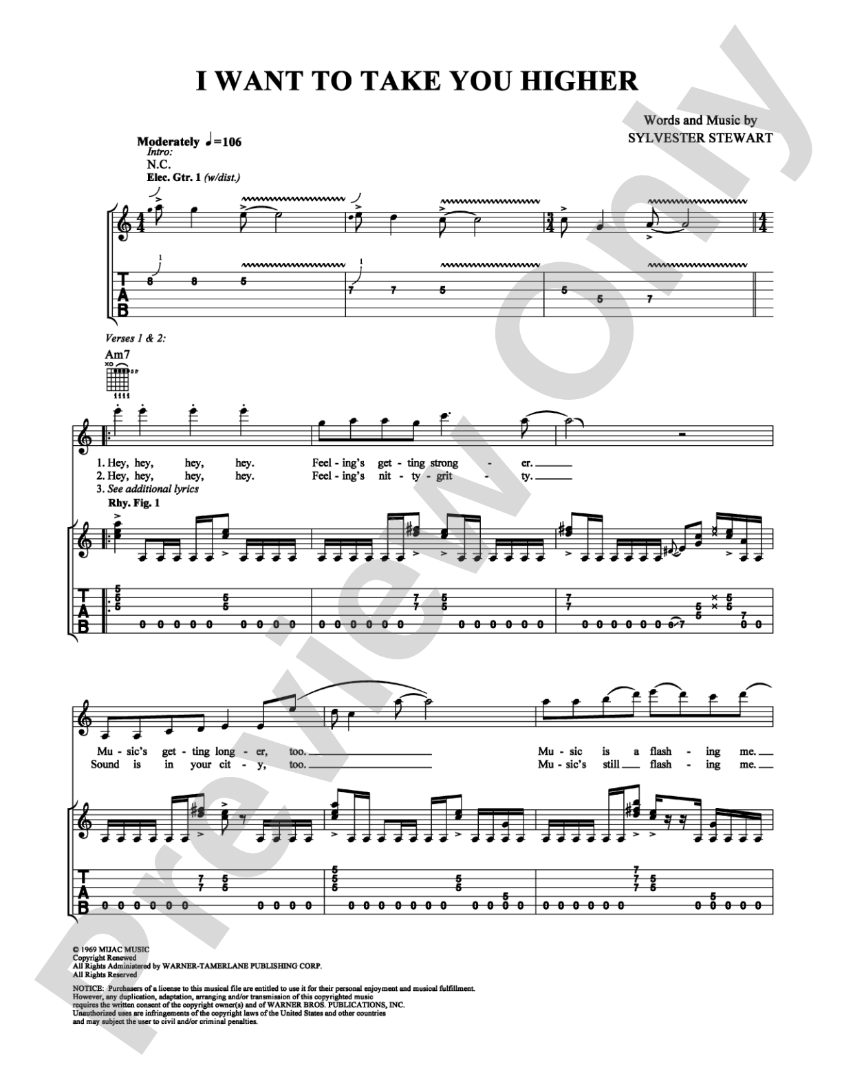 I Want to Take You Higher: Guitar TAB Digital Sheet Music