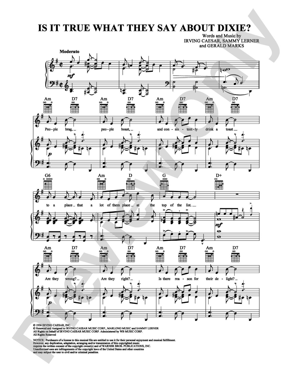 Is It True What They Say About Dixie?: Piano/Vocal/Chords Digital Sheet Music