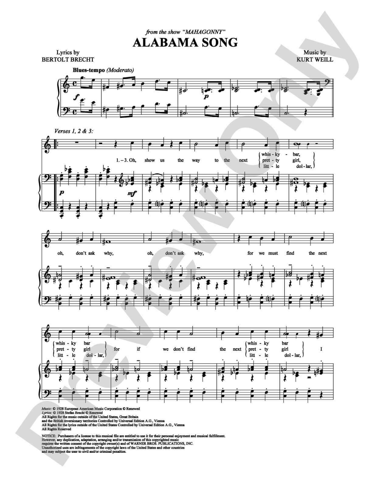 Alabama Song: Piano/Vocal/Chords Digital Sheet Music