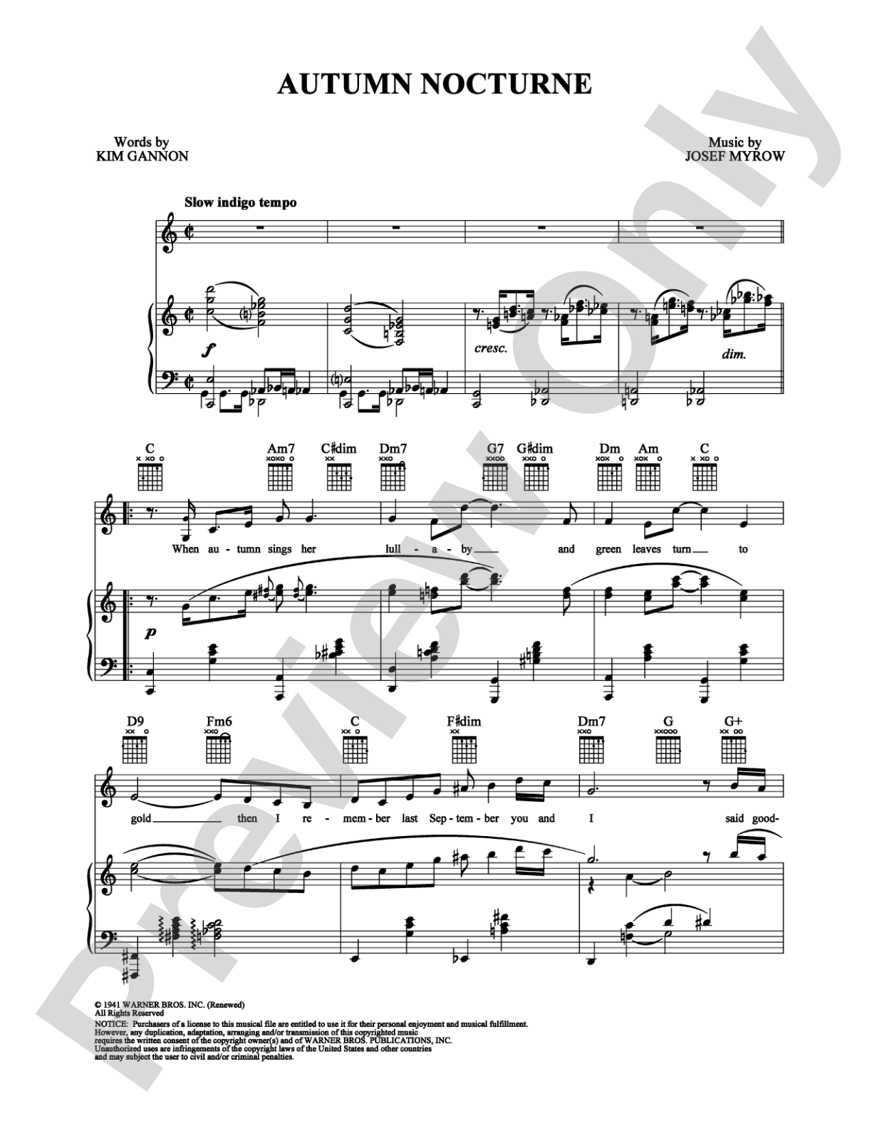 Autumn Nocturne: Piano/Vocal/Chords Digital Sheet Music