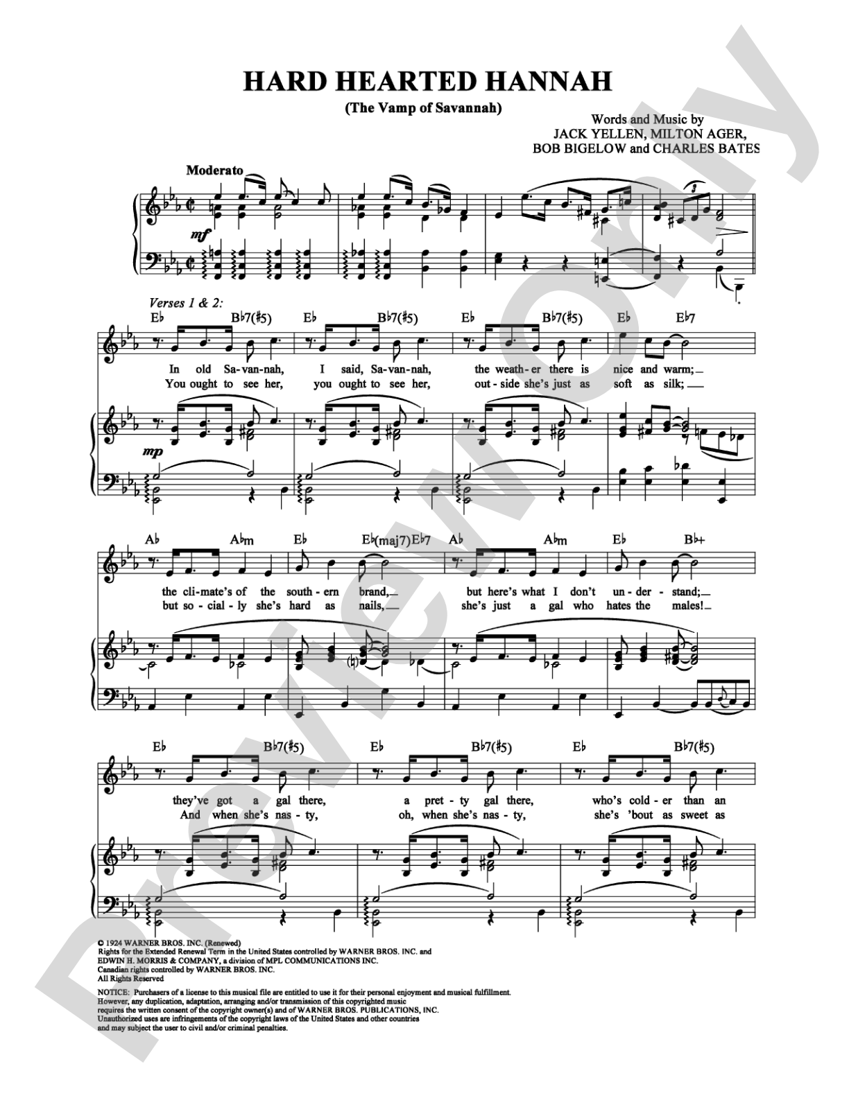 Hard Hearted Hannah (The Vamp of Savannah): Piano/Vocal/Chords Digital Sheet Music