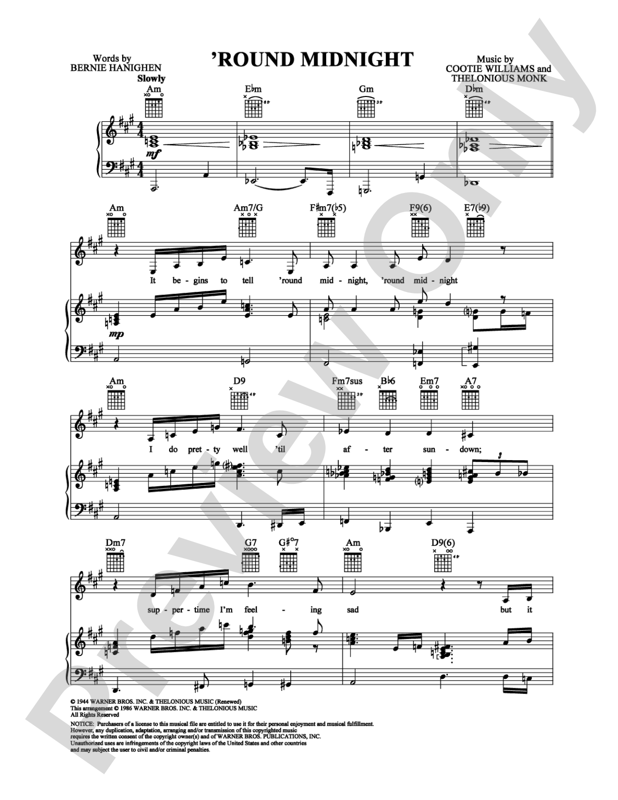 Round Midnight: Piano/Vocal/Chords Digital Sheet Music