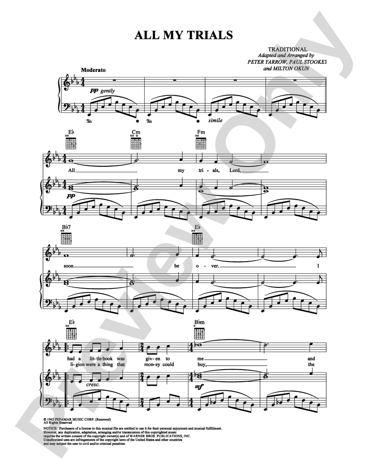 All My Trials: Piano/Vocal/Chords Digital Sheet Music