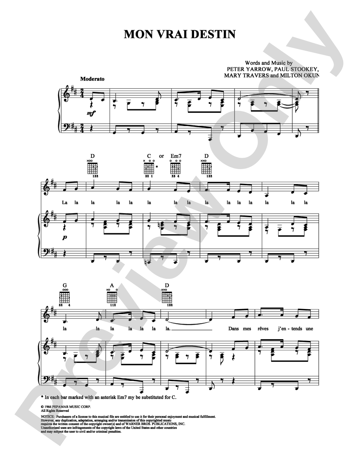 Mon Vrai Destin: Piano/Vocal/Chords Digital Sheet Music