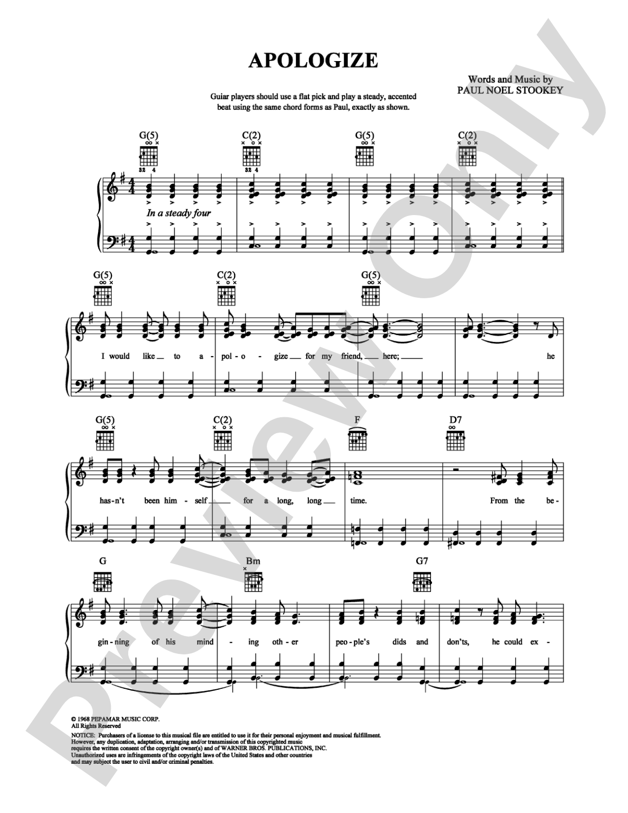 Apologize: Piano/Vocal/Chords Digital Sheet Music