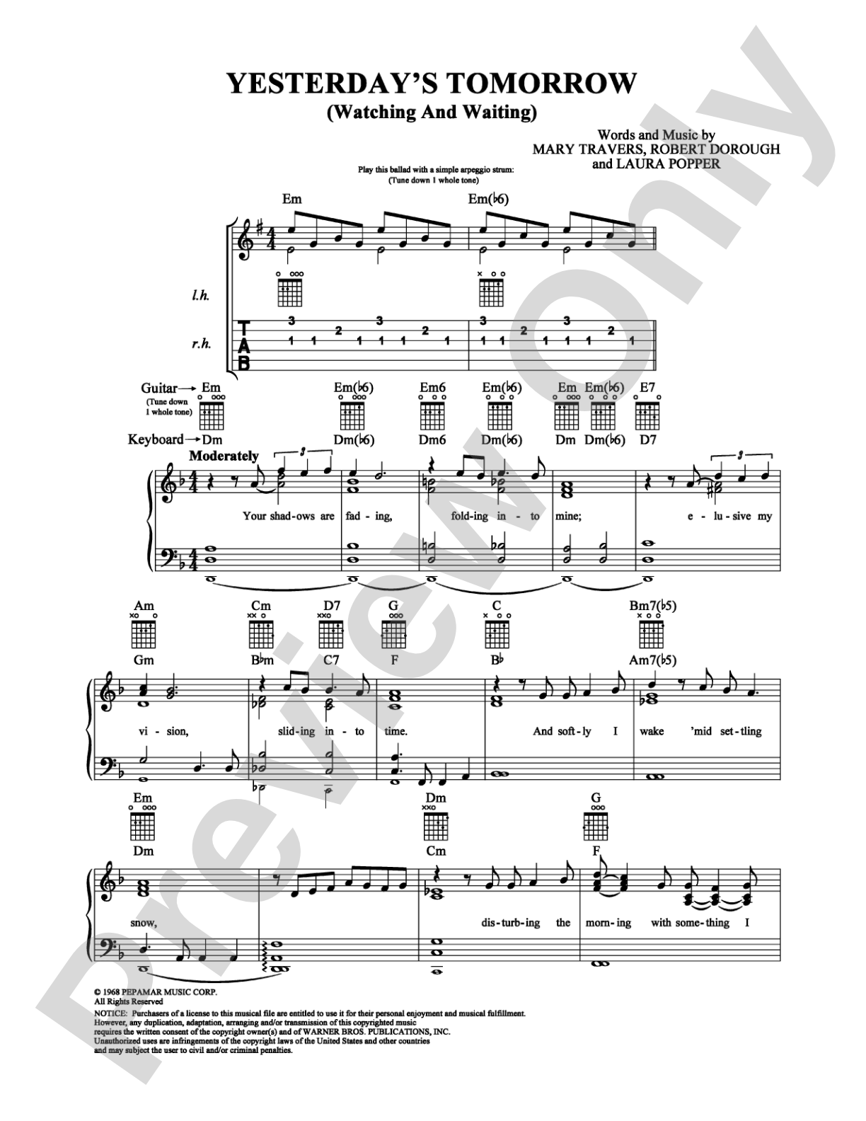 Yesterday's Tomorrow  (Watching and Waiting): Piano/Vocal/Chords Digital Sheet Music