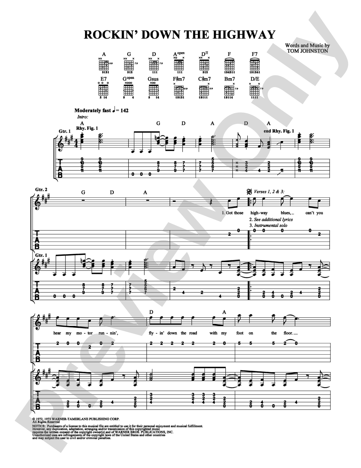 Rockin' Down the Highway: Easy Guitar Digital Sheet Music