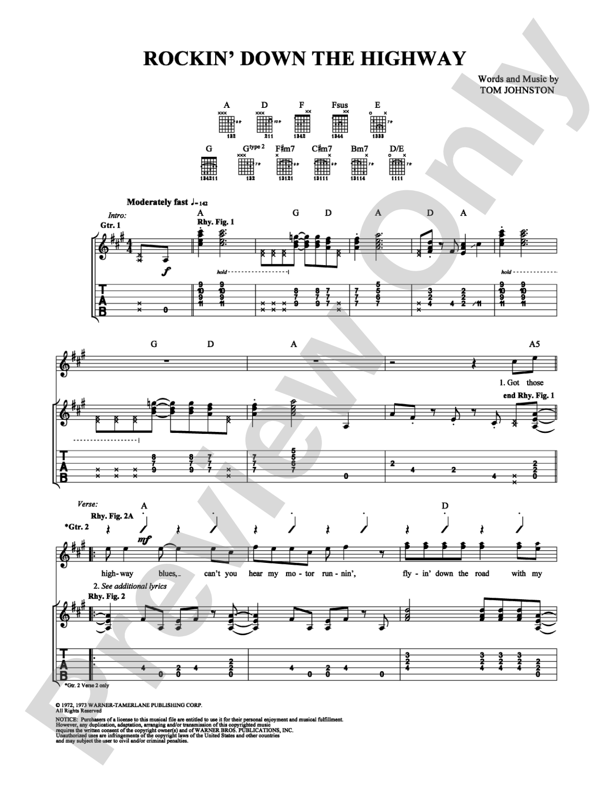 Rockin' Down the Highway: Guitar TAB Digital Sheet Music