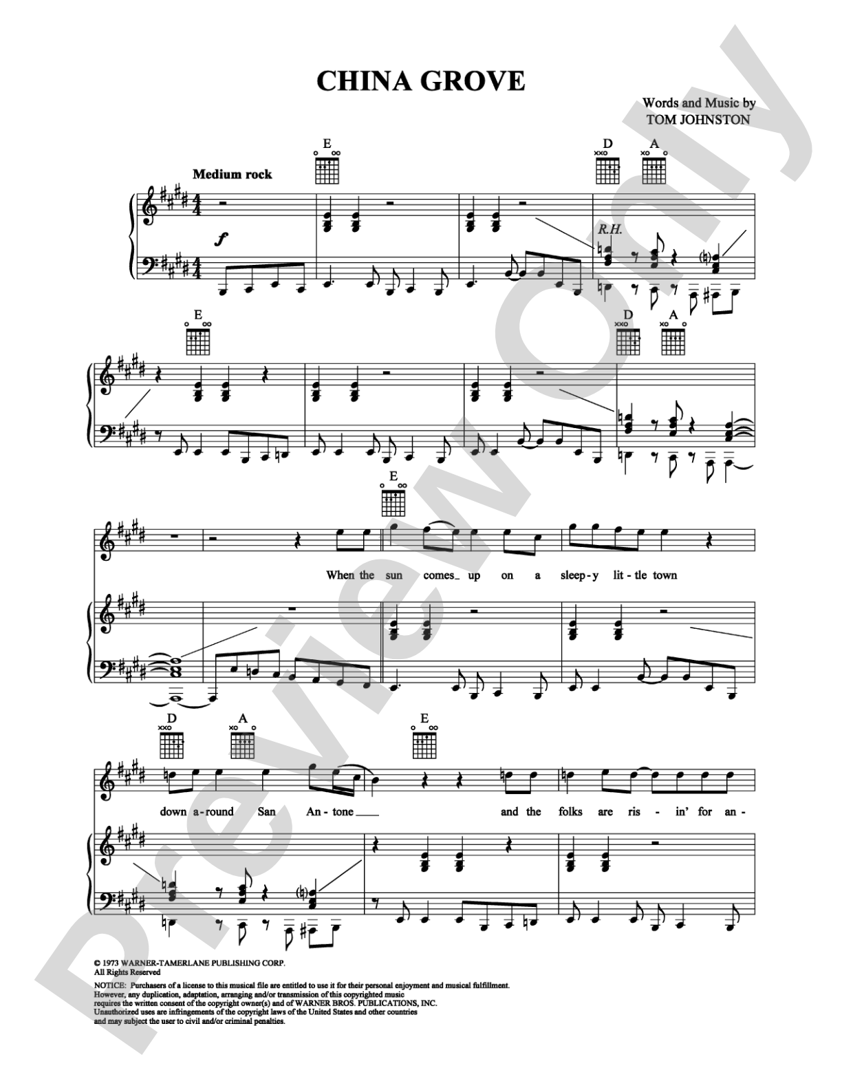 China Grove: Piano/Vocal/Chords Digital Sheet Music
