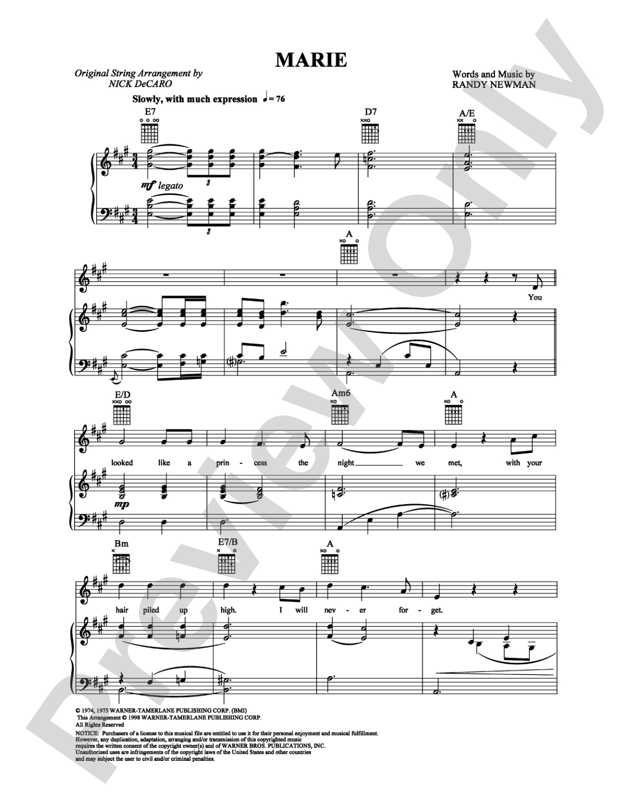 Marie: Piano/Vocal/Chords Digital Sheet Music