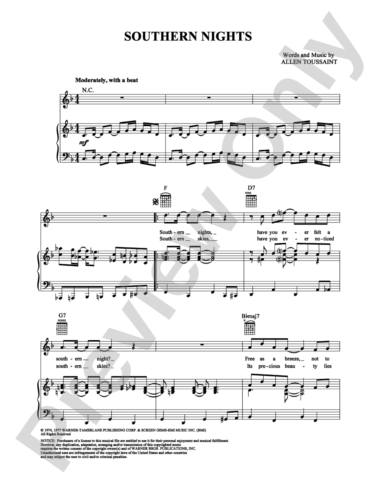 Southern Nights: Piano/Vocal/Chords Digital Sheet Music