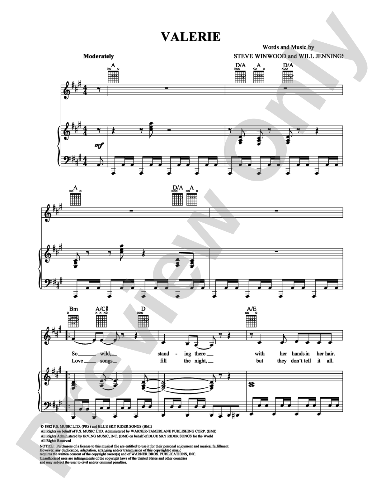 Valerie: Piano/Vocal/Chords Digital Sheet Music