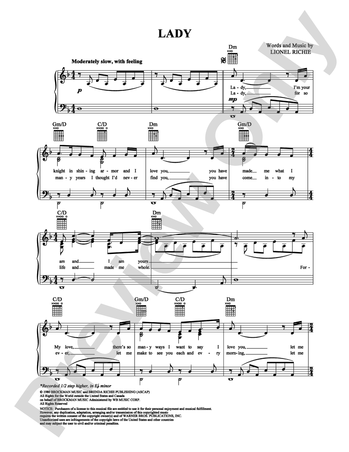 Lady: Piano/Vocal/Chords Digital Sheet Music