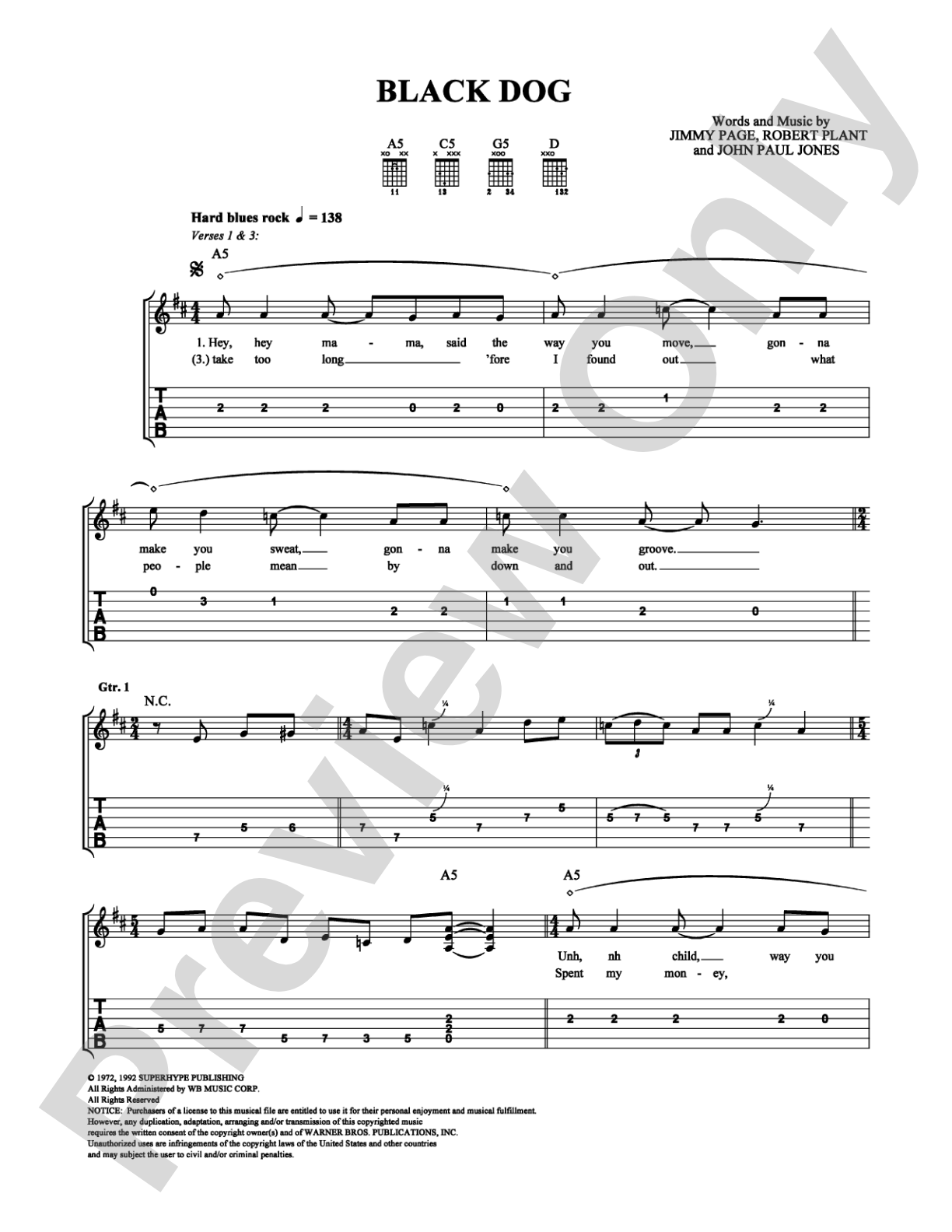 Black Dog: Easy Guitar Digital Sheet Music