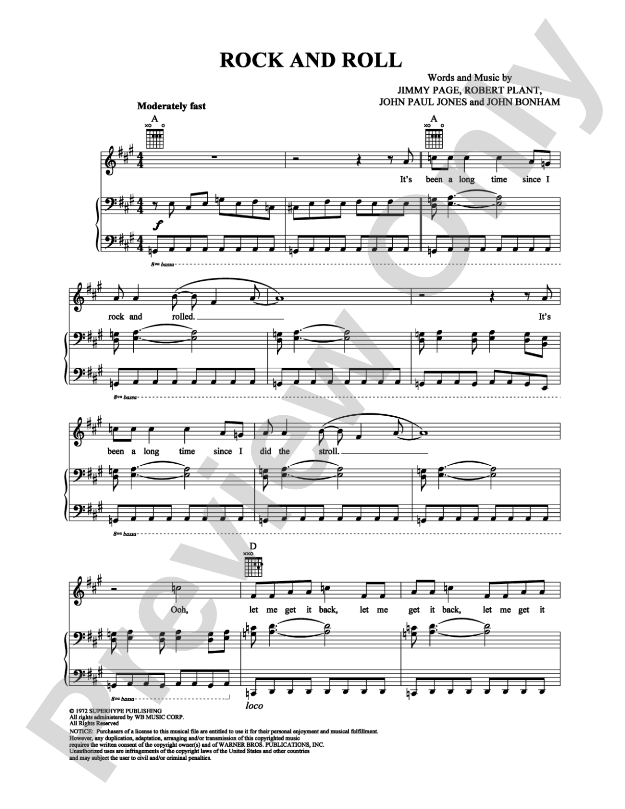 Rock and Roll: Piano/Vocal/Chords Digital Sheet Music