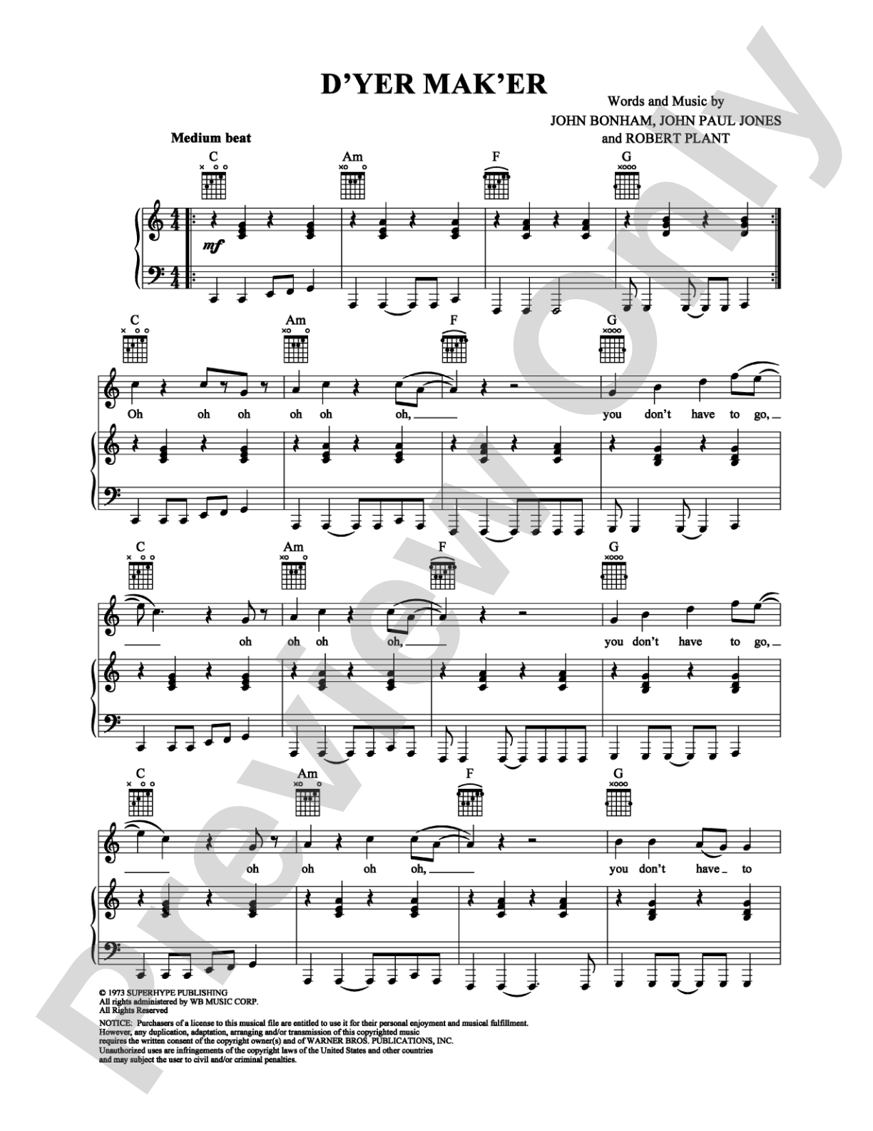 D'yer Mak'er: Piano/Vocal/Chords Digital Sheet Music
