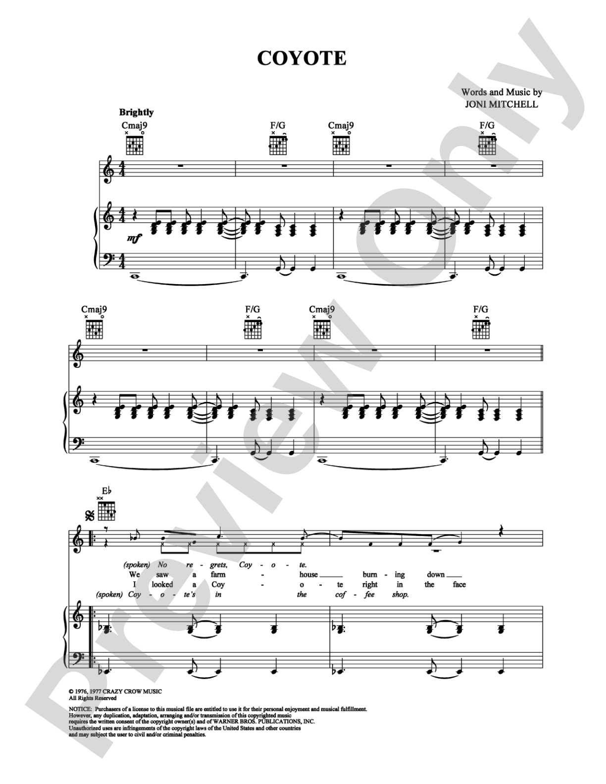 Coyote: Piano/Vocal/Chords Digital Sheet Music
