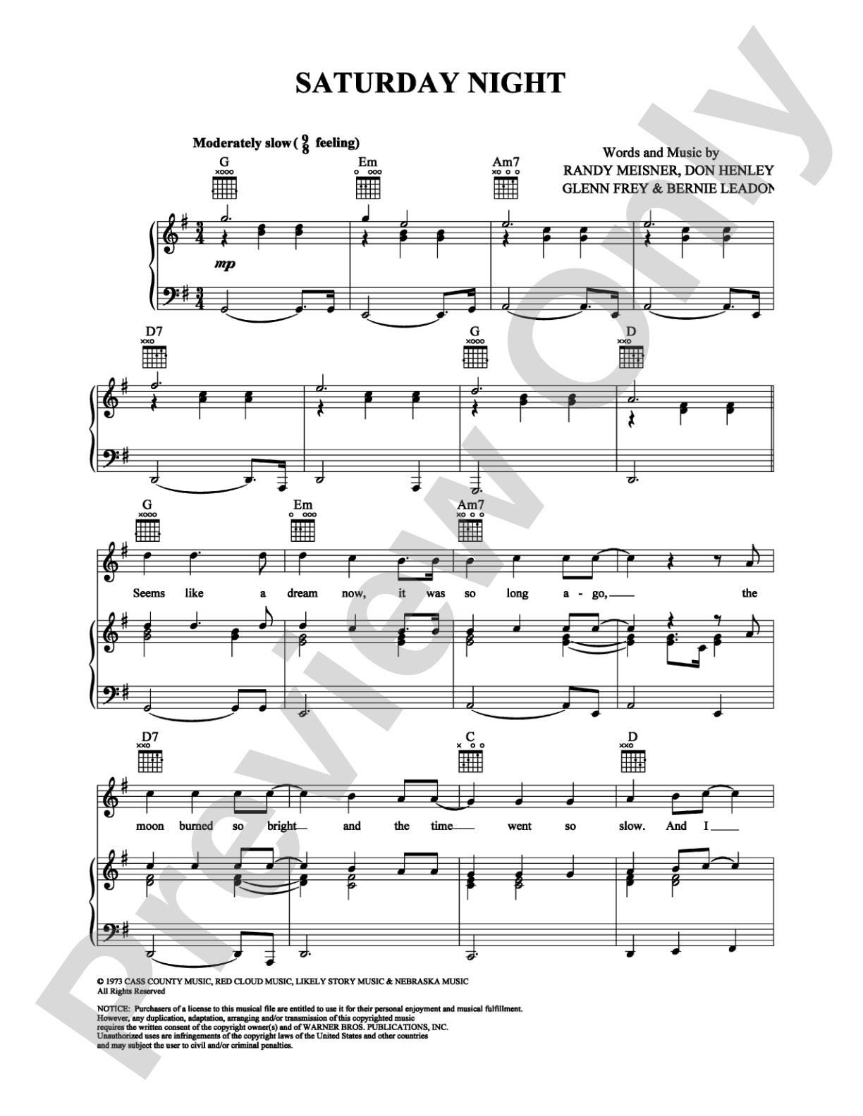 Saturday Night: Piano/Vocal/Chords Digital Sheet Music