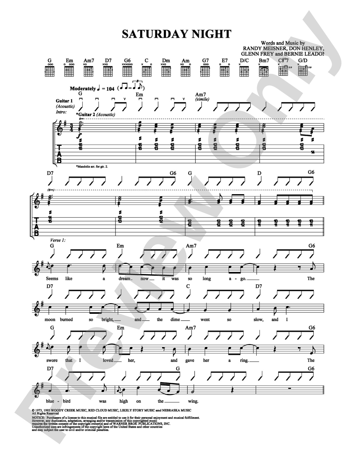 Saturday Night: Guitar TAB Digital Sheet Music