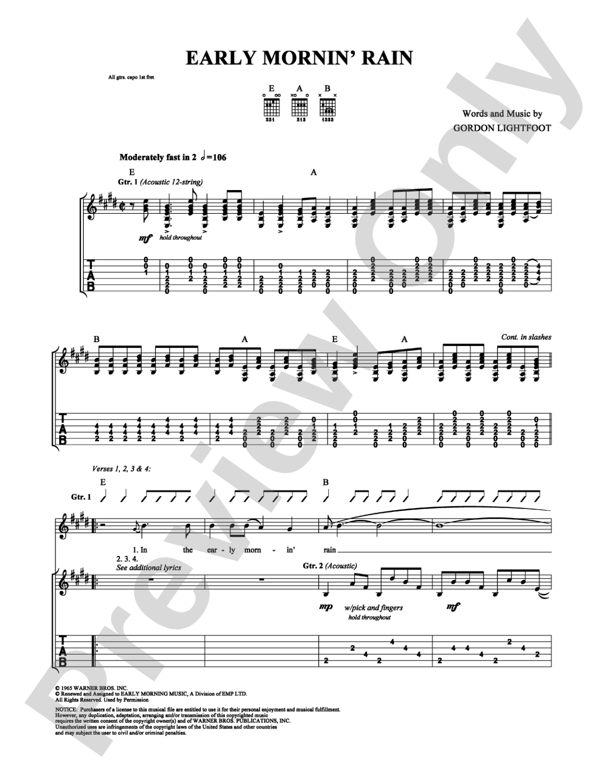Early Mornin' Rain: Guitar TAB Digital Sheet Music