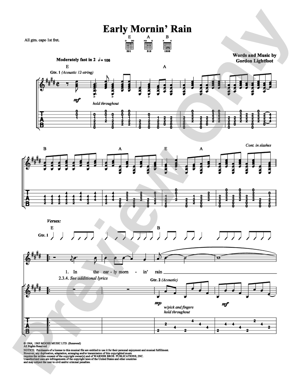 Early Mornin' Rain: Guitar TAB Digital Sheet Music