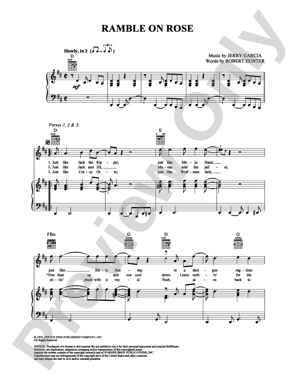 Ramble on Rose: Piano/Vocal/Chords Digital Sheet Music