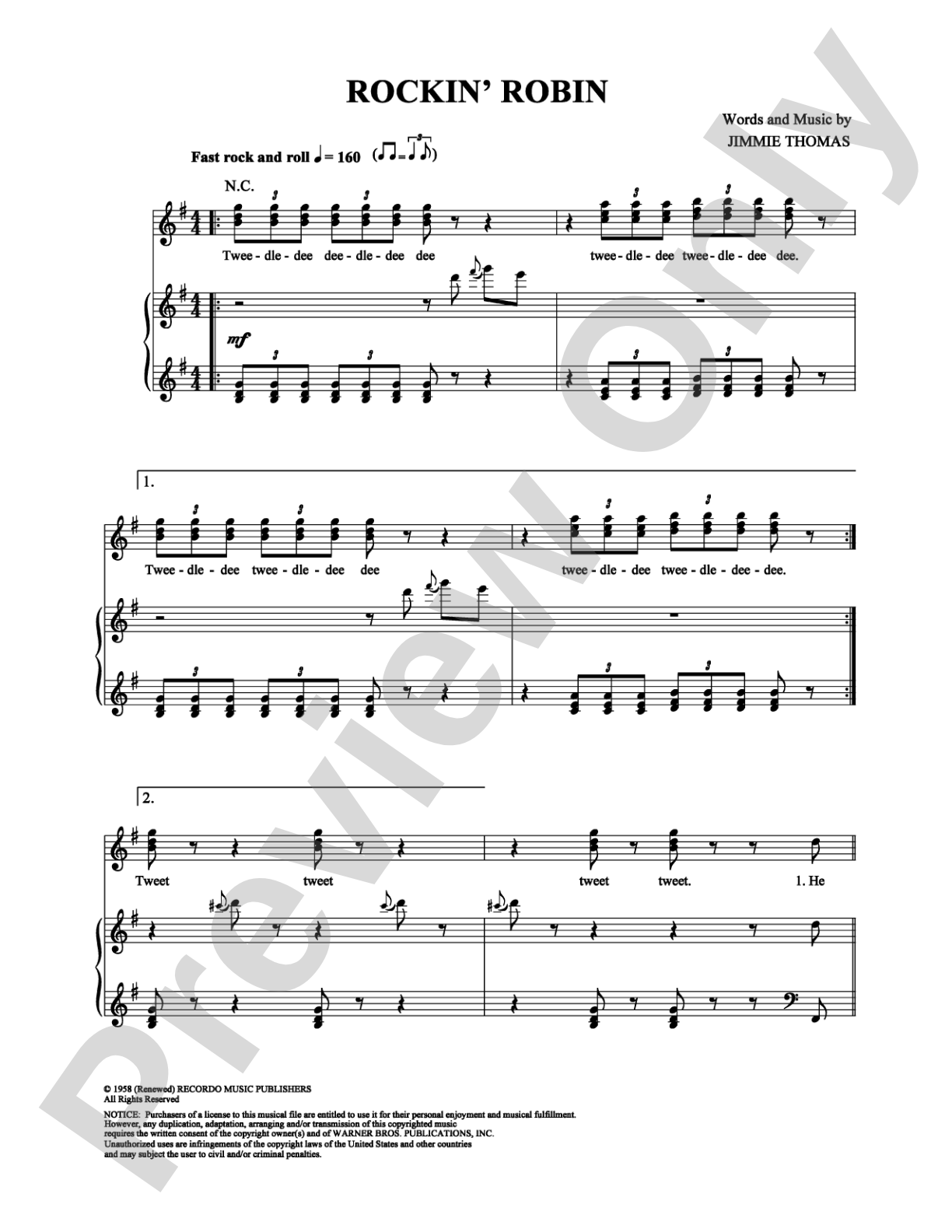 Rockin' Robin: Piano/Vocal/Chords Digital Sheet Music