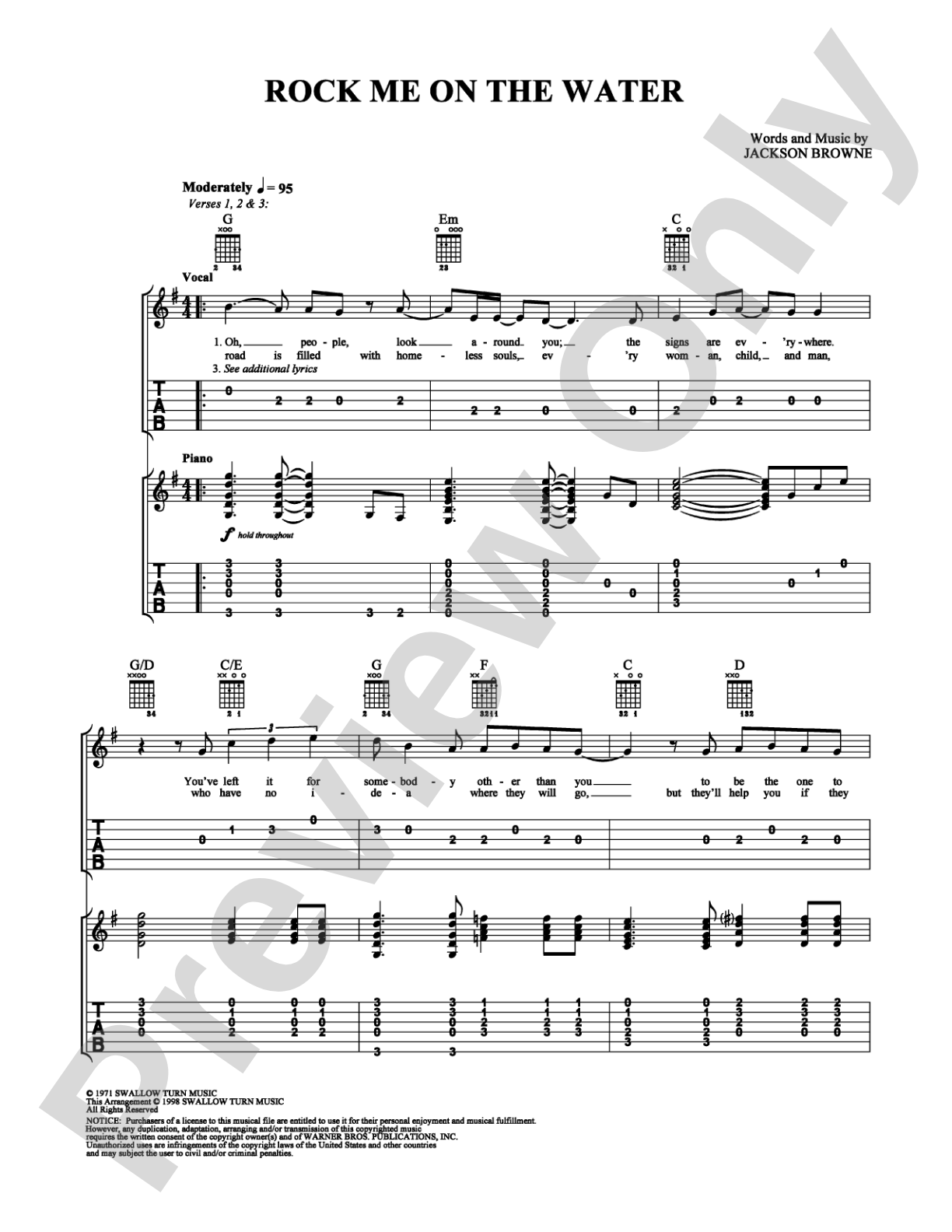 Rock Me On the Water: Easy Guitar Digital Sheet Music