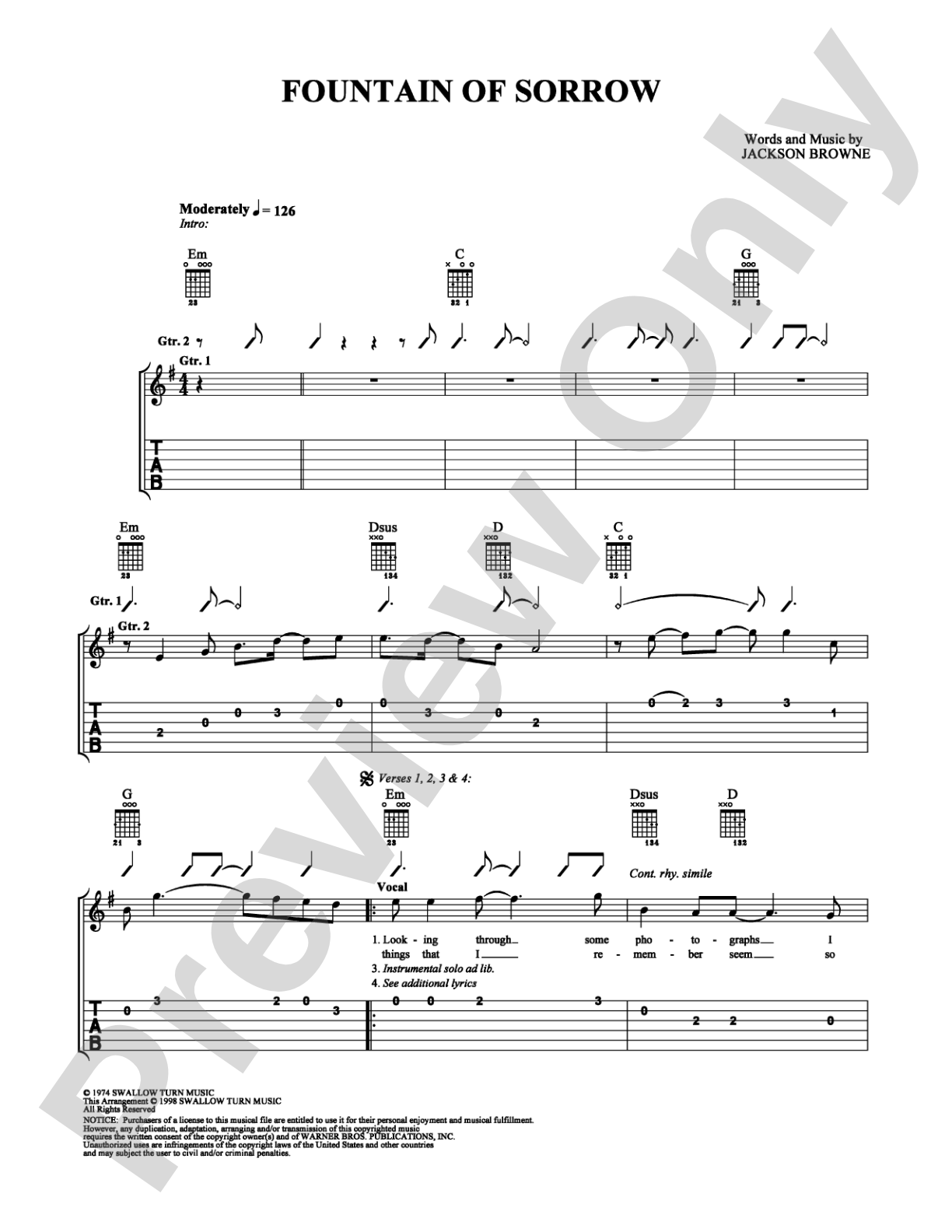 Fountain of Sorrow: Easy Guitar Digital Sheet Music