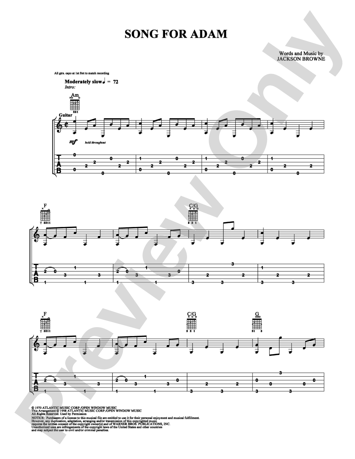 Song For Adam: Easy Guitar Digital Sheet Music