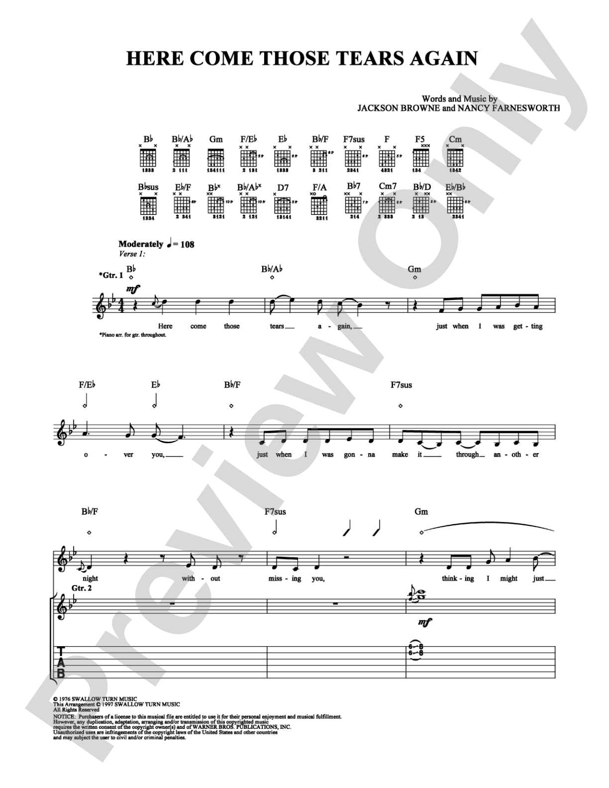 Here Come Those Tears Again: Guitar TAB Digital Sheet Music
