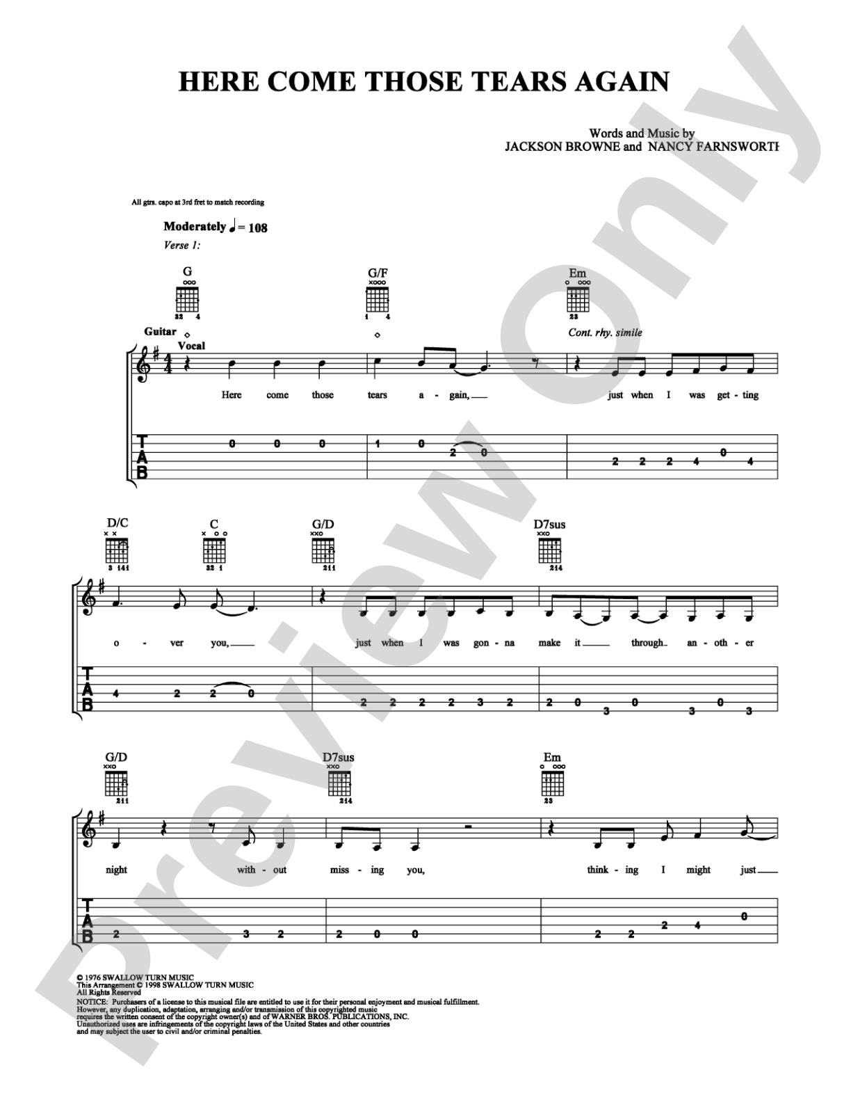 Here Come Those Tears Again: Easy Guitar Digital Sheet Music