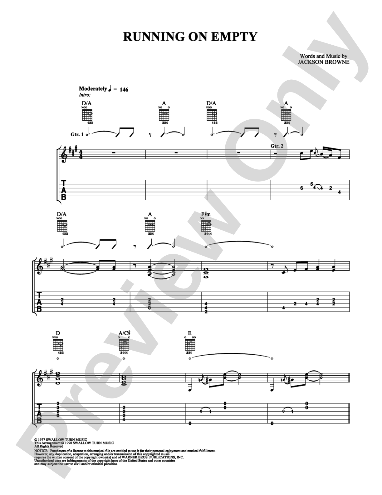 Running On Empty: Easy Guitar Digital Sheet Music